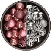 74x stuks kunststof kerstballen mix van velvet roze en zilver 6 cm - Kerstversiering