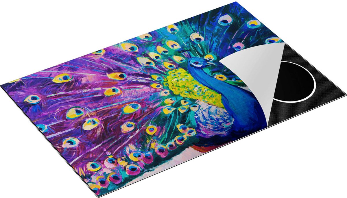 Chefcare Inductie Beschermer Pauw met Kleurrijke Veren van Olieverf - Abstract - 80x52 cm - Afdekplaat Inductie - Kookplaat Beschermer - Inductie Mat