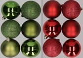 12x stuks kunststof kerstballen mix van appelgroen en donkerrood 8 cm - Kerstversiering