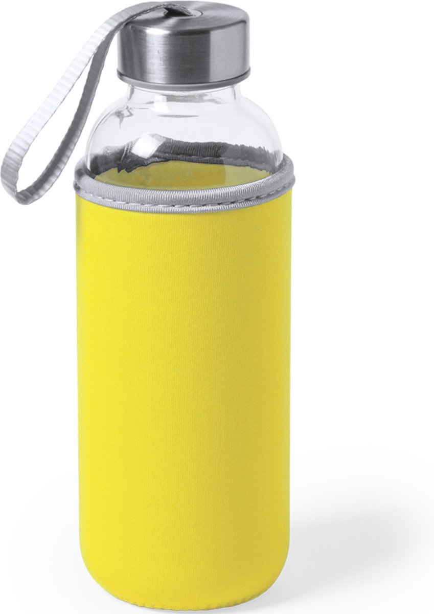 Glazen waterfles/drinkfles met gele softshell bescherm hoes 420 ml - Sportfles - Bidon
