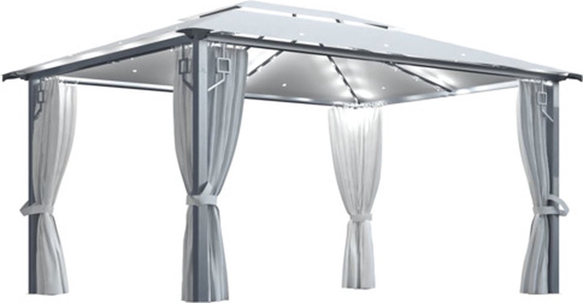 vidaXL - Prieel - met - gordijn - en - LED-lichtslinger - 4x3 - m - aluminium - crème