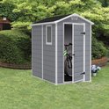 Grijs Manor Pent 6x4 tuinhuis met schuin dak, open deuren met fiets erin. Gelegen in een tuin.