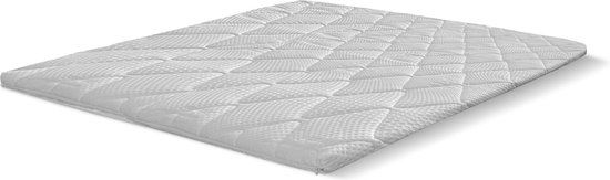 Wit oplegmatras met een gewatteerd, ruitvormig patroon en een ritssluiting aan de zijkant.