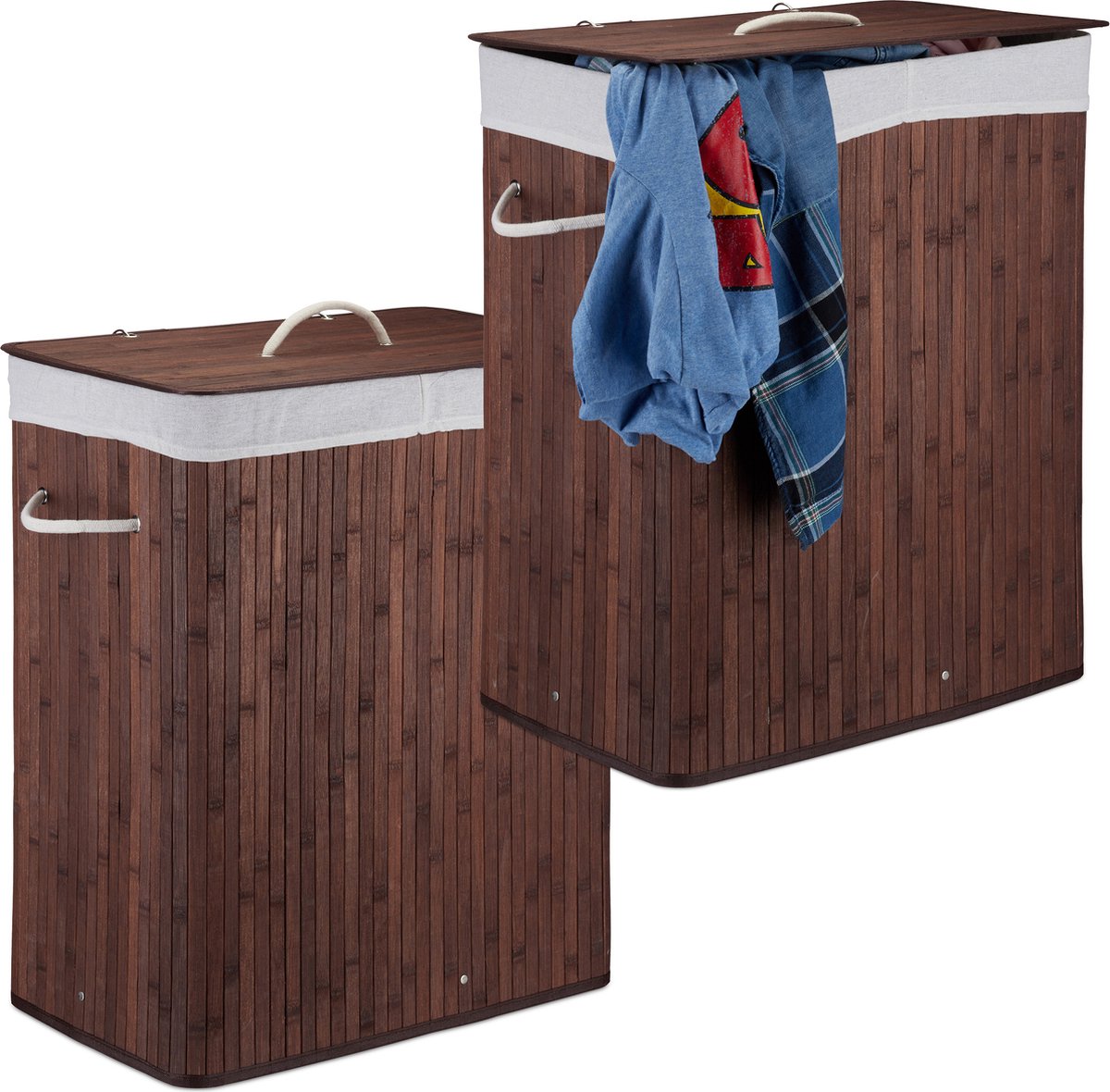 Goedkoopste 2x wasmand 2 vakken - bamboe wasbox - 95 liter - opvouwbaar - met deksel