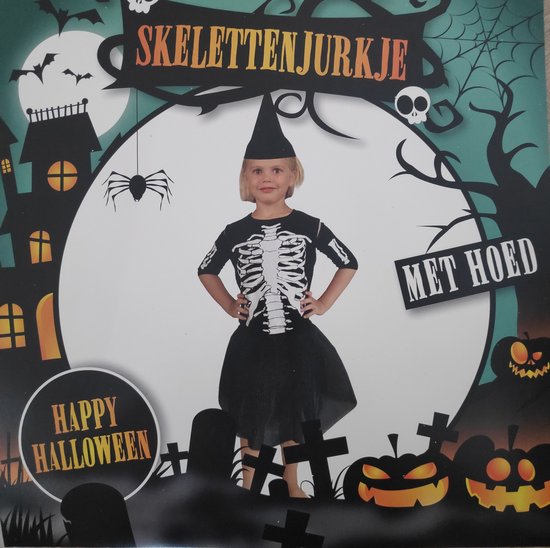 Halloween - Verkleedjurk -Skelettenjurk Kind met Hoed - 3-5 jaar
