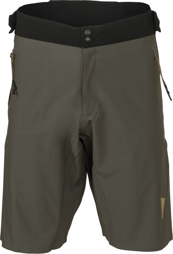 Avant d'un short de VTT vert foncé avec ceinture noire, fermeture éclair et deux boutons.