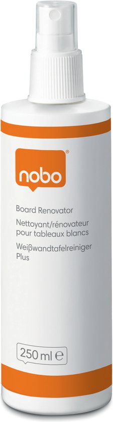 Witte sprayflacon met Nobo logo en oranje banden. Tekst "Board Renovator". Inhoud 250ml.