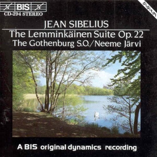 De cd-hoes toont een zwaan op een meer, omgeven door bomen en riet. Tekst: Jean Sibelius, The Lemminkäinen Suite Op. 22, The Gothenburg S.O./Neeme Järvi.