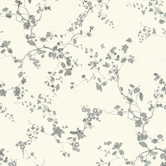 Natuur behang Profhome 368962-GU vliesbehang licht gestructureerd met bloemmotief glanzend zilver zwart wit 5,33 m2