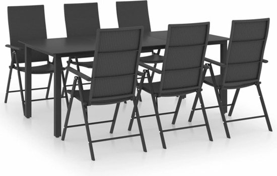 Zwarte tuinset van een tafel met zes klapstoelen met geweven zitting.