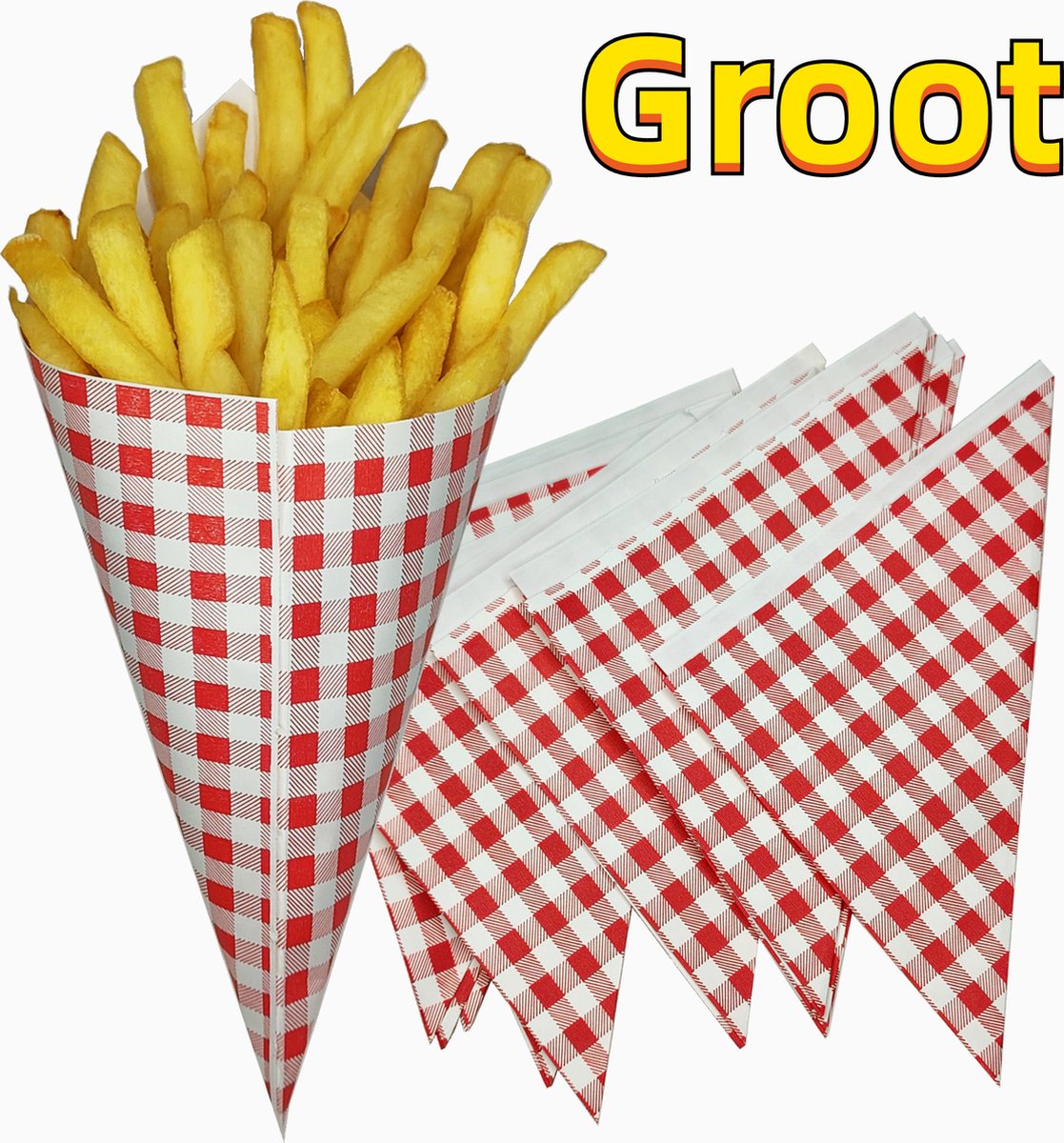 Rainbecom - 100 stuks - 21 x 21 x 30 cm - Frietszak - Patatzak - Puntzakken - Frietszakjes - Papieren Frietzak - Groot