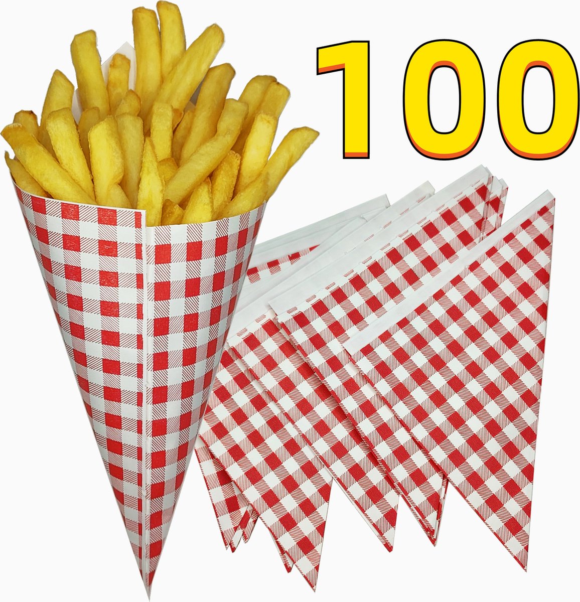 Rainbecom - 100 stuks - 14 x 14 x 20 cm - Frietszak - Patatzak - Puntzakken - Frietszakjes - Papieren Frietzak