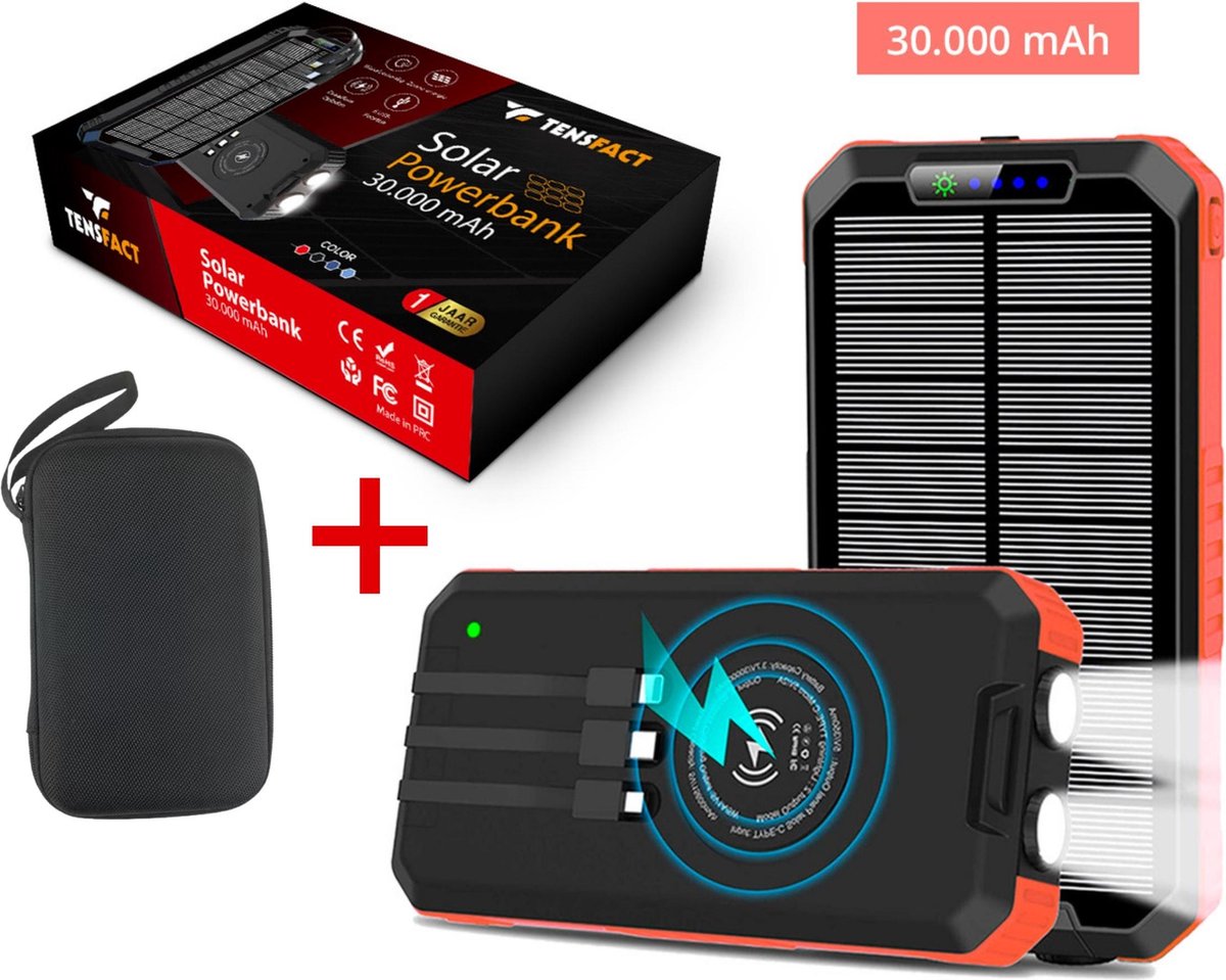Tensfact® Solar Powerbank 30000 mAh Wireless Charger - met USB C Micro USB en Lightning - Rood