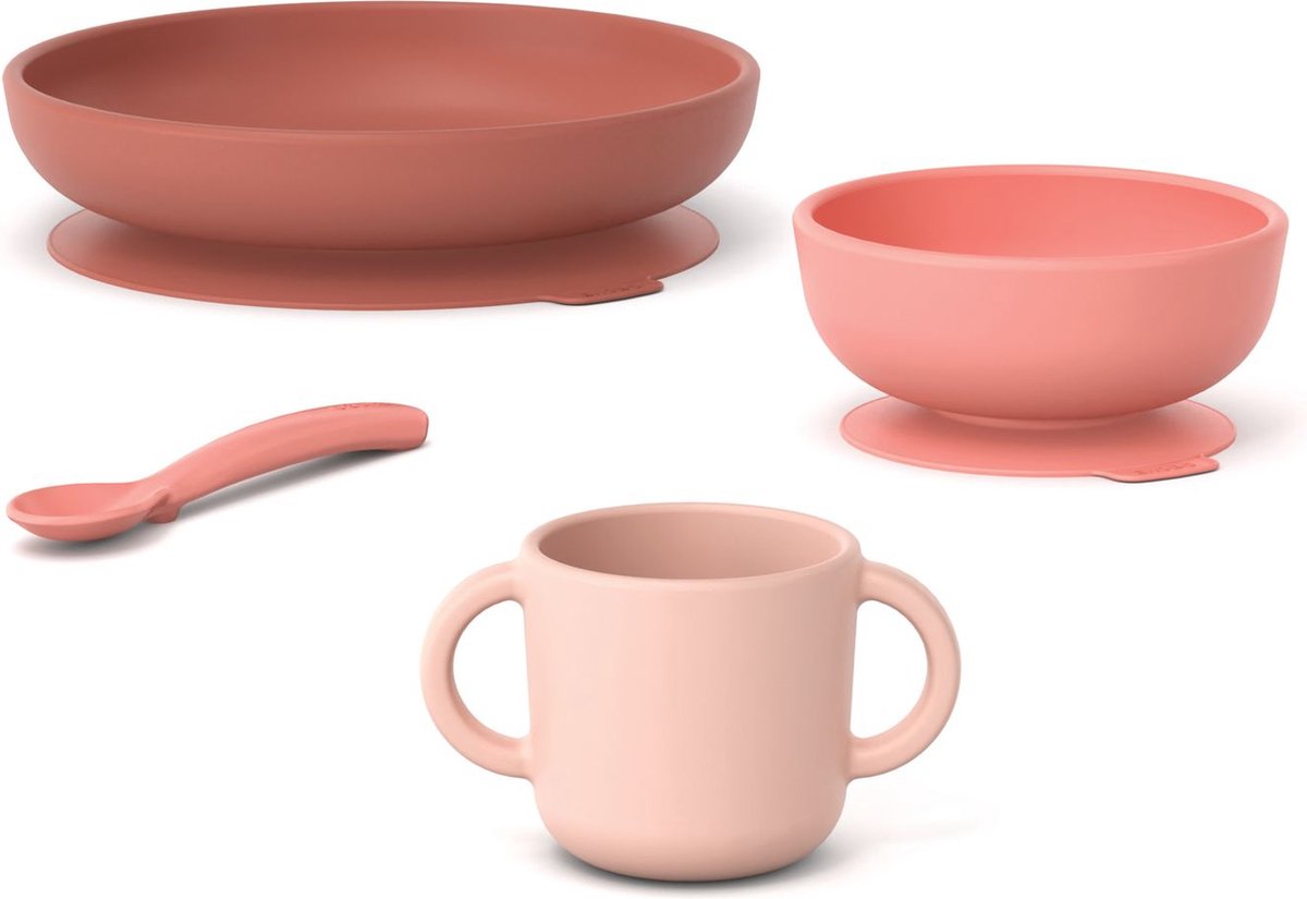 EKOBO BAMBINO SILICONE BABY MEAL SET - CORAL - WITH SILICONE SPOON