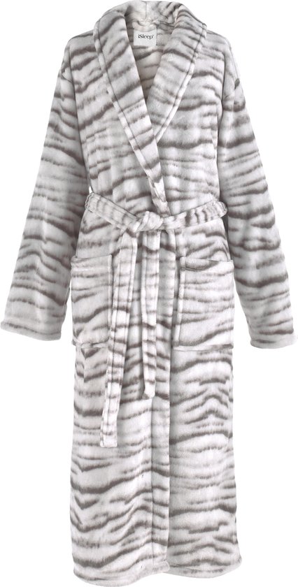 iSleep Badjas – Siberische Tijger Print – Zachte Fleece – Lang Model – Maat S – Grijs