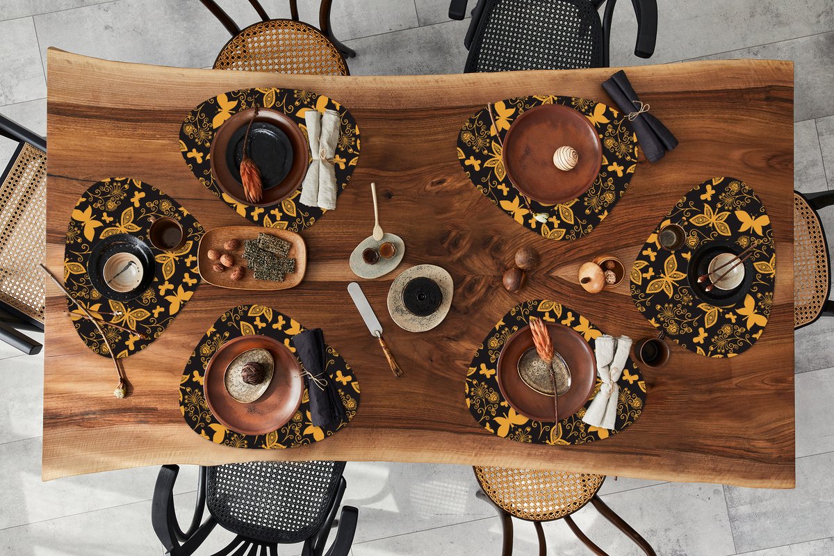 Placemat organisch - Placemats organic - Onderleggers - Bloemen - Vlinder - Goud - Patroon - 6 stuks