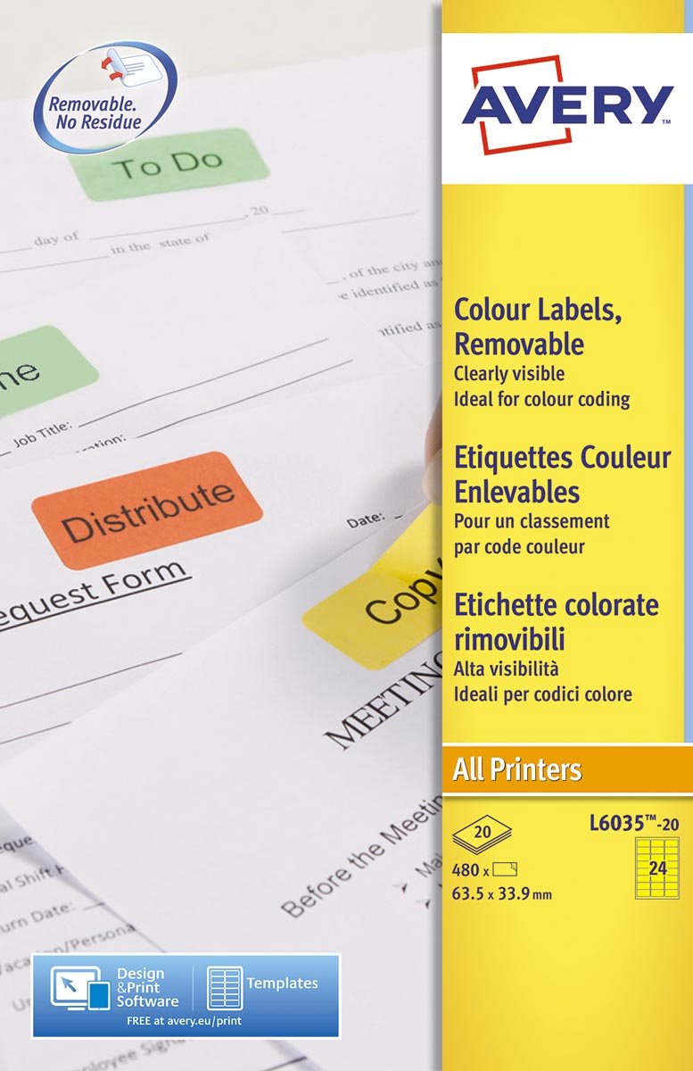 Avery afneembare gekleurde etiketten ft 63,5 x 33,9 mm (b x h), 480 stuks, 24 per blad, geel 5 stuks