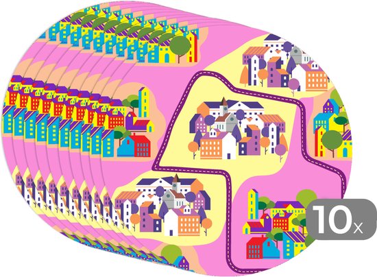 Sets de table ronds - Dessous de verre - Napperons ronds - Skyline - Motifs - Rose - 10 pièces