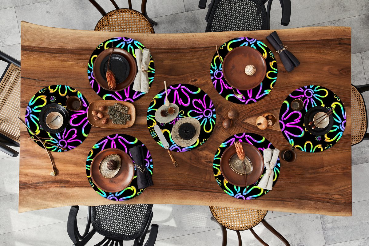 Ronde placemats - Onderlegger - Placemats rond - Bloemen - Neon - Patronen - Psychedelisch - 8 stuks