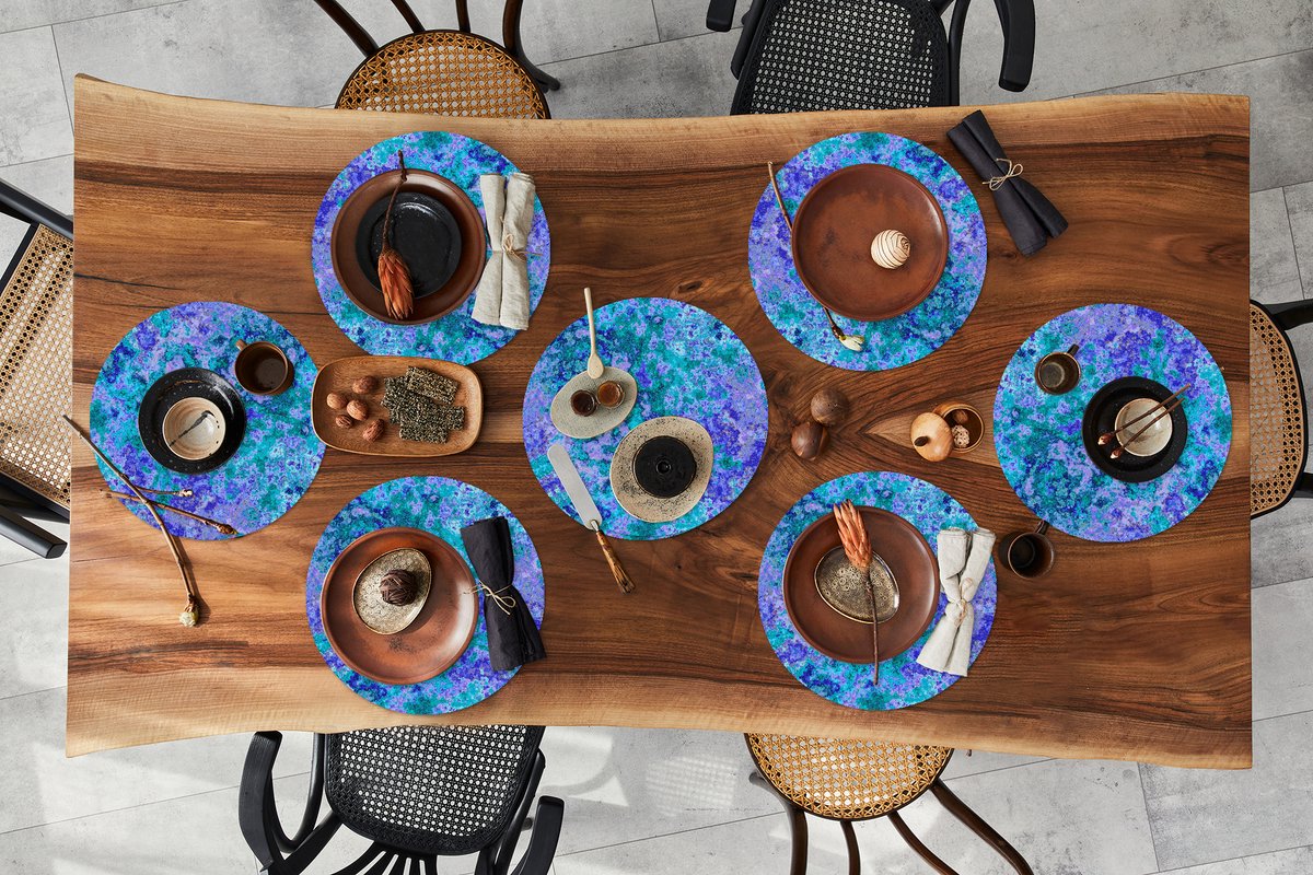 Ronde placemats - Onderlegger - Placemats rond - Patronen - Verf - Blauw - 8 stuks