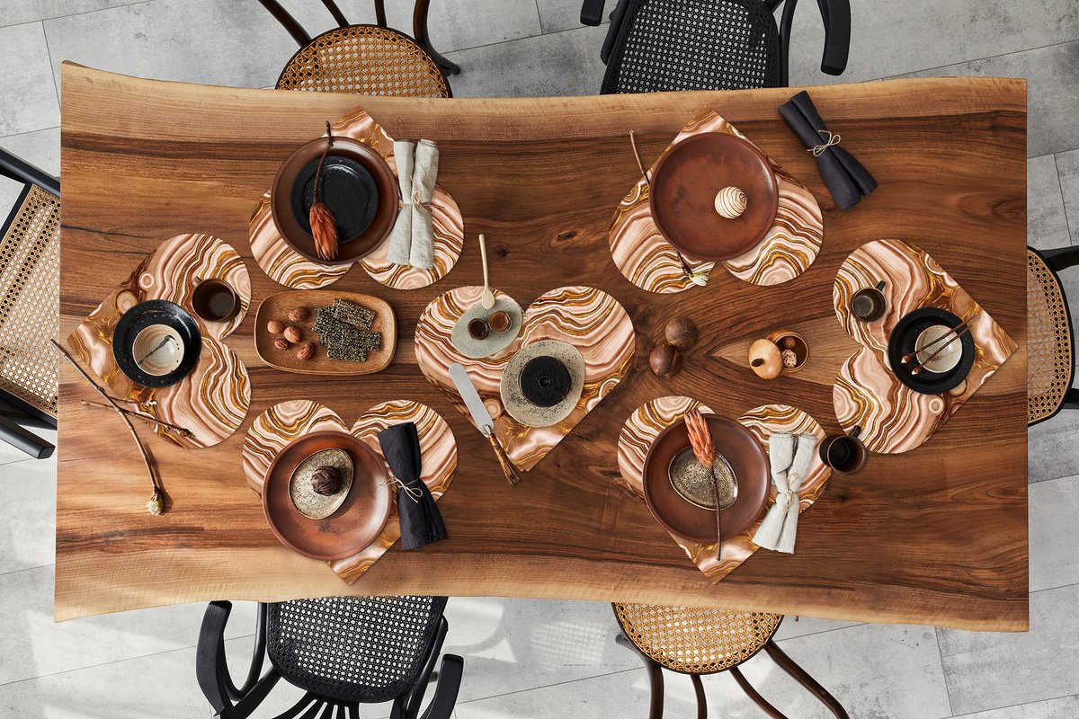 Onderleggers - Placemats - Placemats hartje - Marmer print - Bruin - Cirkel - 8 stuks