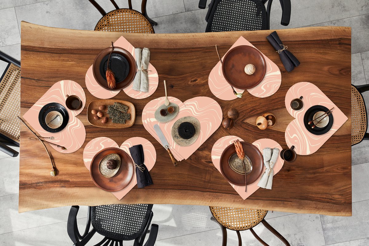 Onderleggers - Placemats - Placemats hartje - Marmer print - Zalm - Patronen - 10 stuks