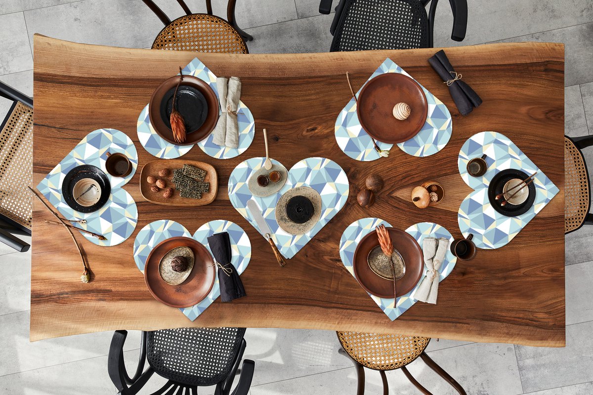 Onderleggers - Placemats - Placemats hartje - Patronen - Blauw - Grijs - Ruiten - 8 stuks