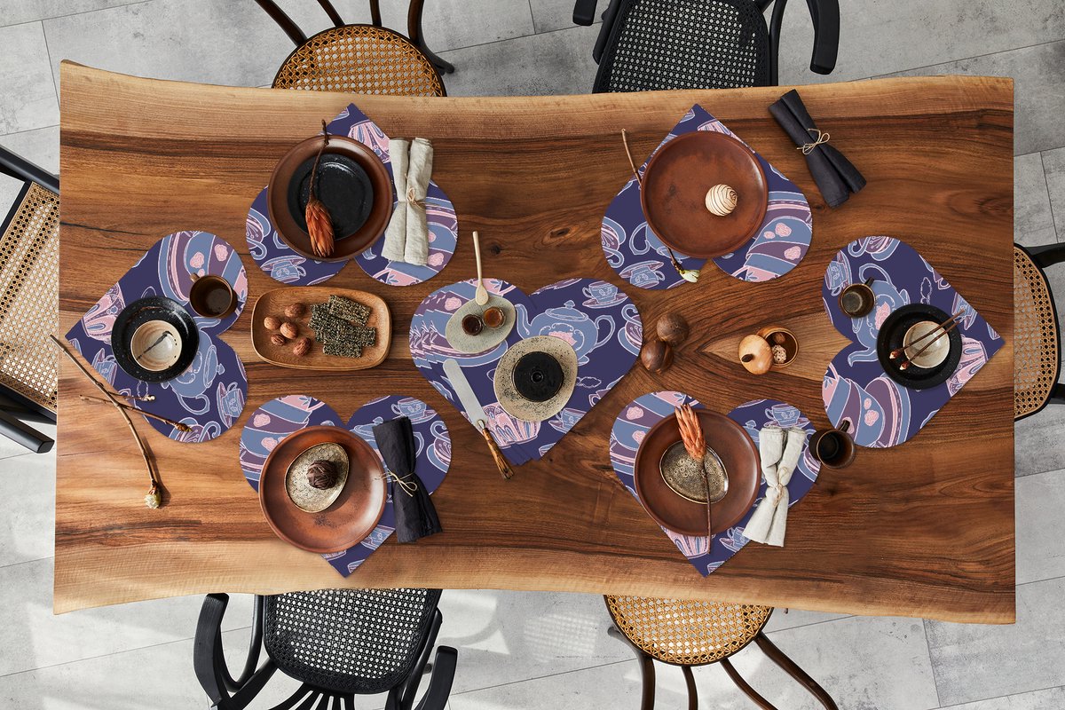 Onderleggers - Placemats - Placemats hartje - Patroon - Thee - Kop - Theepot - 10 stuks