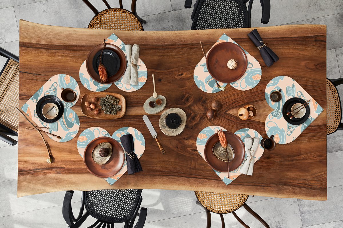 Onderleggers - Placemats - Placemats hartje - Patronen - Vintage - Kopje - Thee - 6 stuks