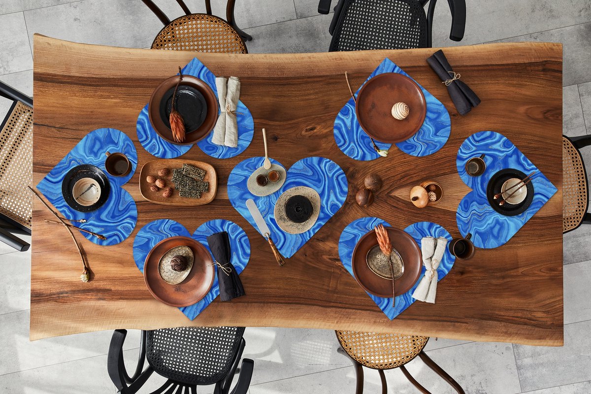 Onderleggers - Placemats - Placemats hartje - Marmer print - Blauw - Patroon - 8 stuks