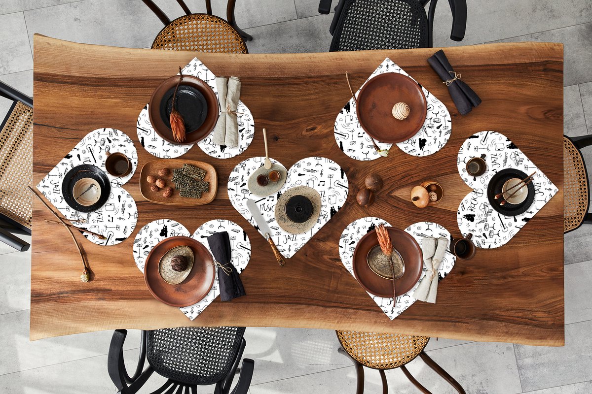 Onderleggers - Placemats - Placemats hartje - Muziek - Patronen - Zwart Wit - 8 stuks