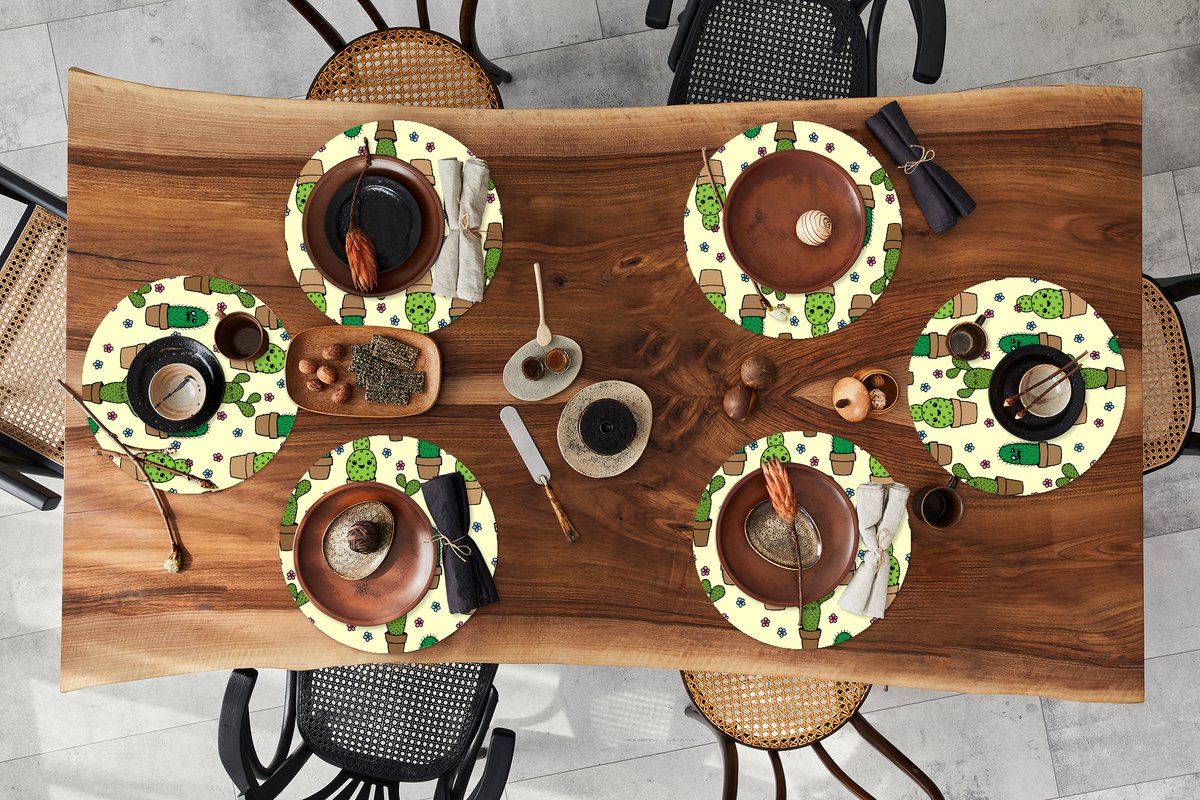 Ronde placemats - Onderlegger - Placemats rond - Patronen - Cactus - Bloemen - 6 stuks