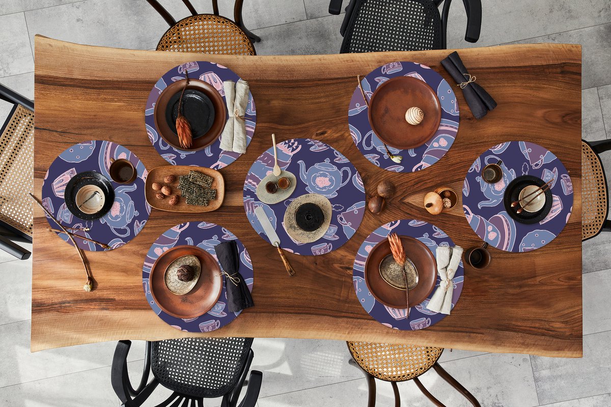 Ronde placemats - Onderlegger - Placemats rond - Patroon - Thee - Kop - Theepot - 10 stuks