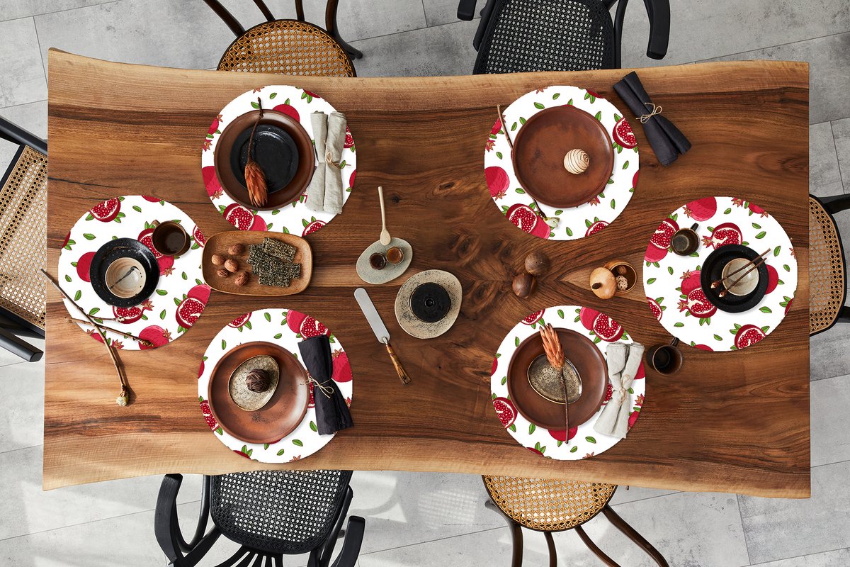 Ronde placemats - Onderlegger - Placemats rond - Fruit - Bladeren - Patroon - Granaatappel - 6 stuks