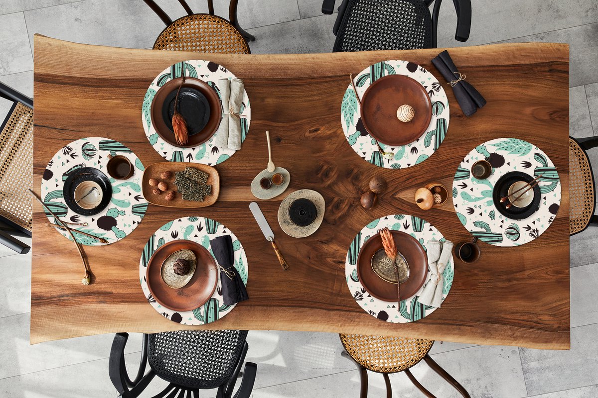Ronde placemats - Onderlegger - Placemats rond - Cactus - Patroon - Bloemen - 6 stuks