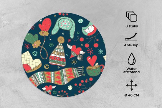 Sets de table ronds - Dessous de verre - Napperons de table ronds - Hiver - Design - Thee - Gants - Chapeau - 8 pièces - Noël - Cadeau - Cadeau de Noël pour hommes, femmes et enfants