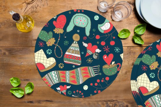 Sets de table ronds - Dessous de verre - Napperons de table ronds - Hiver - Design - Thee - Gants - Chapeau - 8 pièces - Noël - Cadeau - Cadeau de Noël pour hommes, femmes et enfants