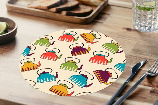 Sets de table ronds - Dessous de verre - Napperons de table ronds - Design - Rétro - Théière - Couleurs - 8 pièces