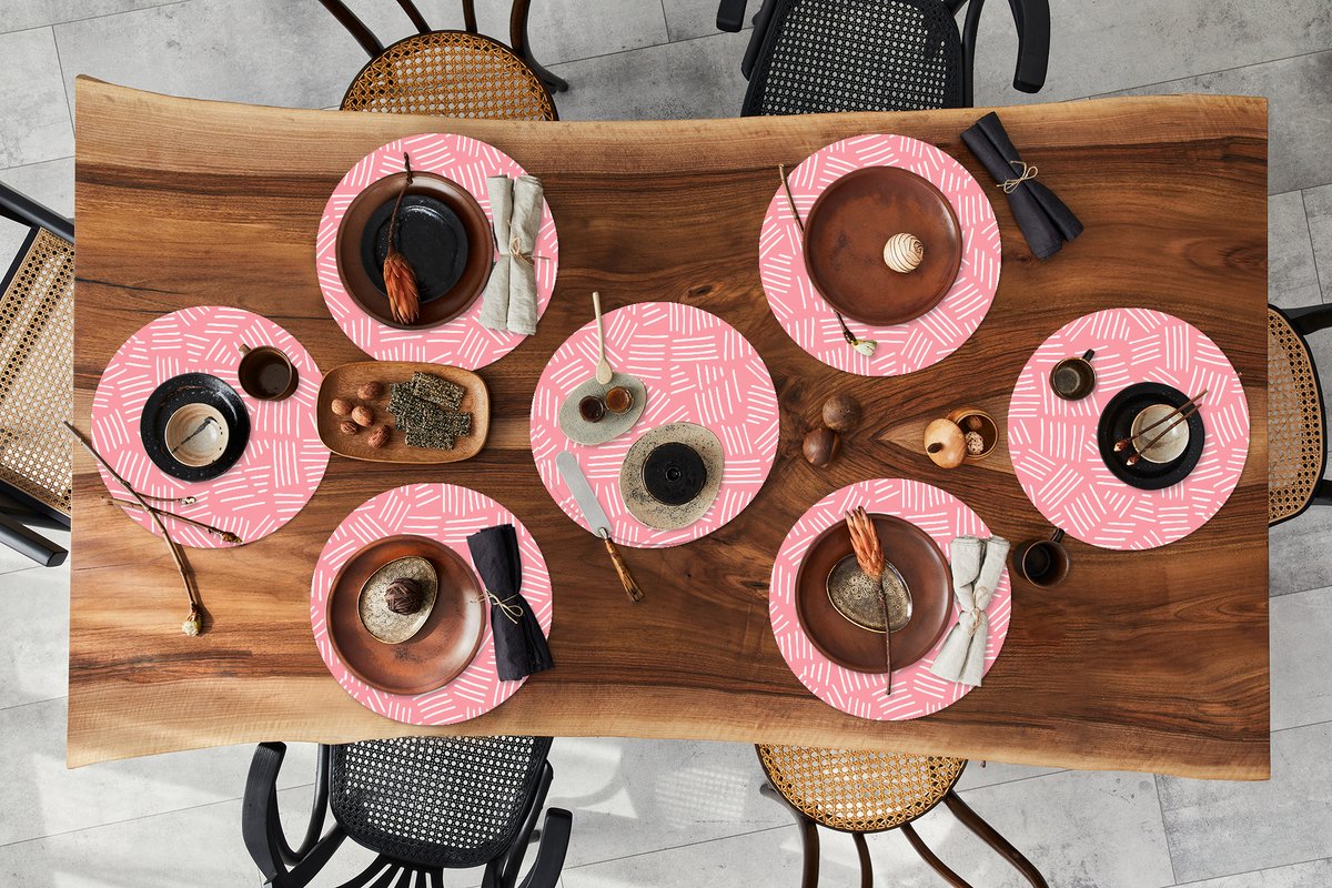 Ronde placemats - Onderlegger - Placemats rond - Strepen - Roze - Design - 8 stuks