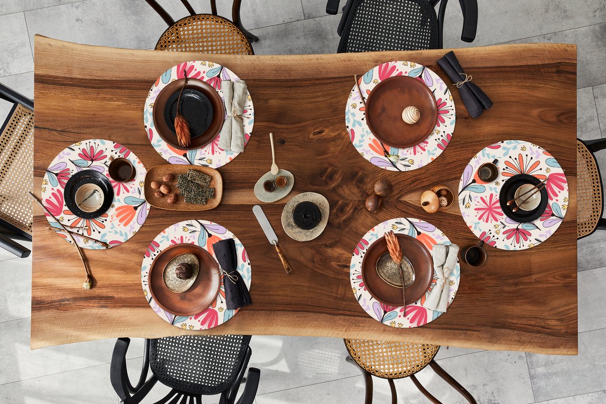 Ronde placemats - Onderlegger - Placemats rond - Bloemen - Regenboog - Design - 6 stuks
