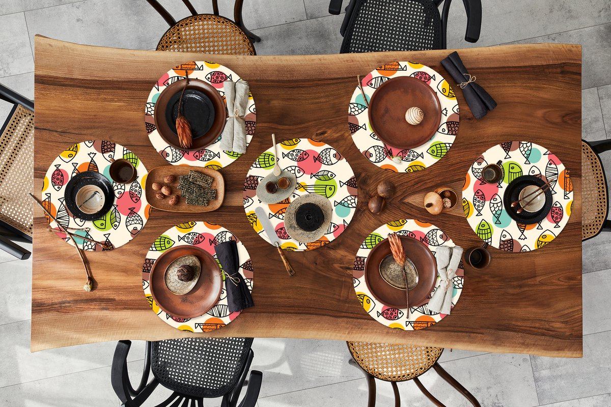 Ronde placemats - Onderlegger - Placemats rond - Stippen - Vis - Regenboog - 8 stuks