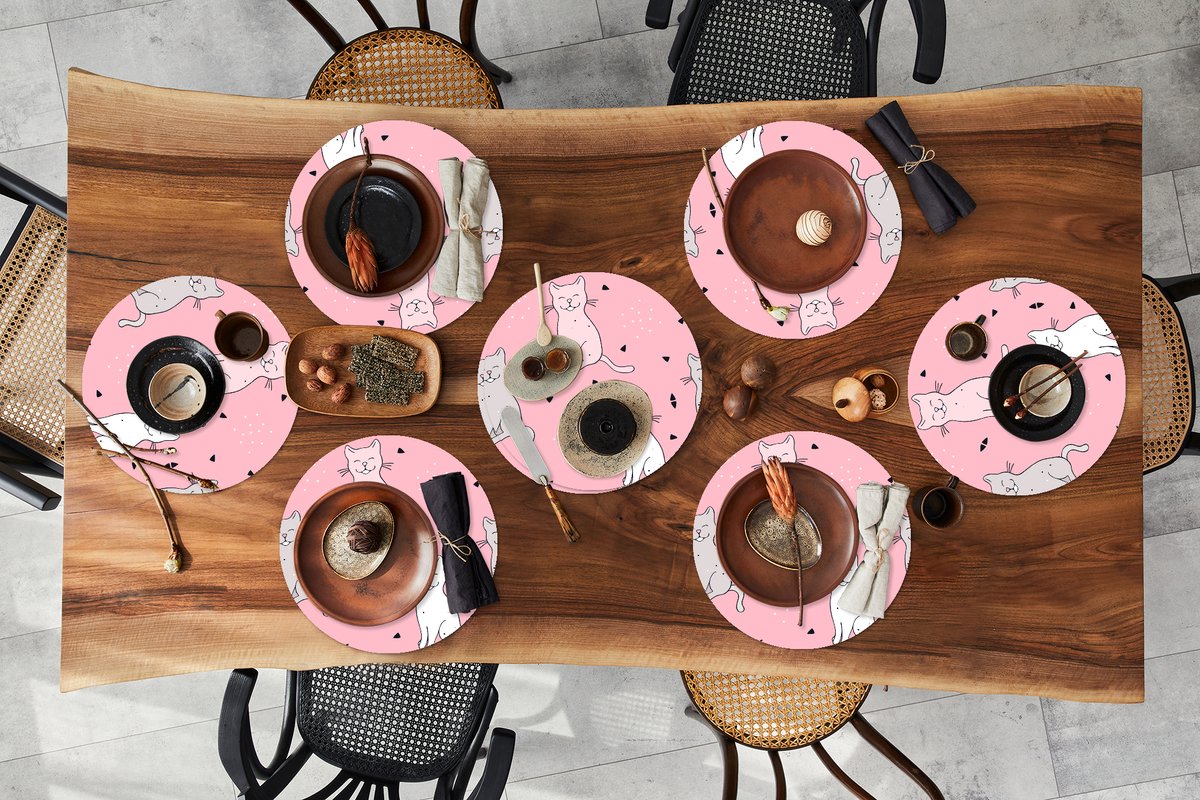 Ronde placemats - Onderlegger - Placemats rond - Kat - Huisdieren - Meisje - Design - 8 stuks