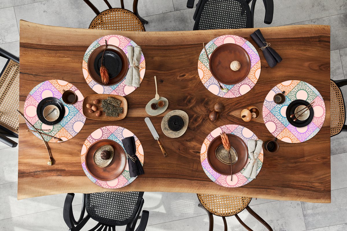 Ronde placemats - Onderlegger - Placemats rond - Zonnebloem - Ruit - Patronen - 6 stuks