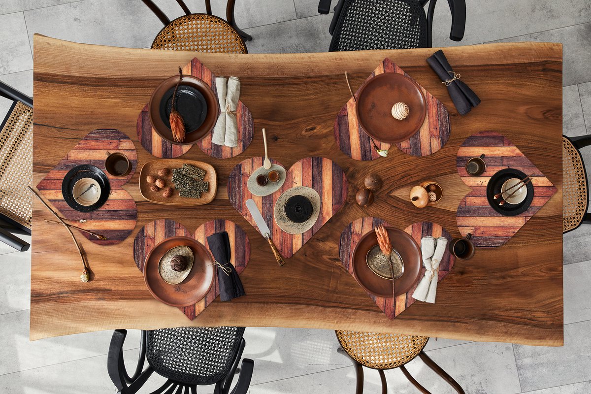 Onderleggers - Placemats - Placemats hartje - Plank - Vintage - Patroon - 8 stuks