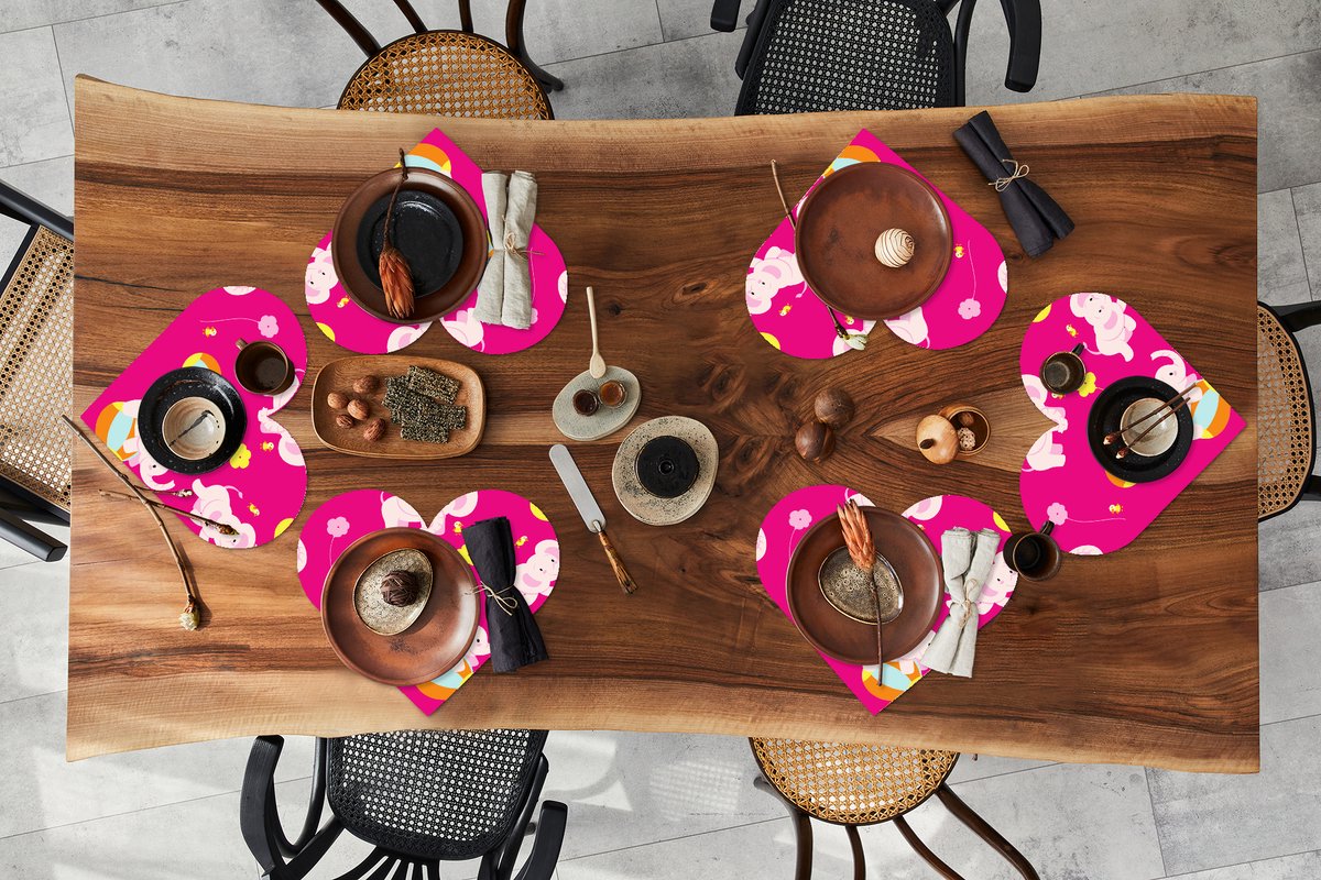 Onderleggers - Placemats - Placemats hartje - Olifant - Bloemen - Patronen - 6 stuks