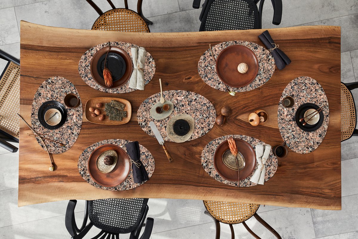 Placemats ovaal - Onderleggers - Ovale placemats - Bruin - Steen - Graniet print - 8 stuks