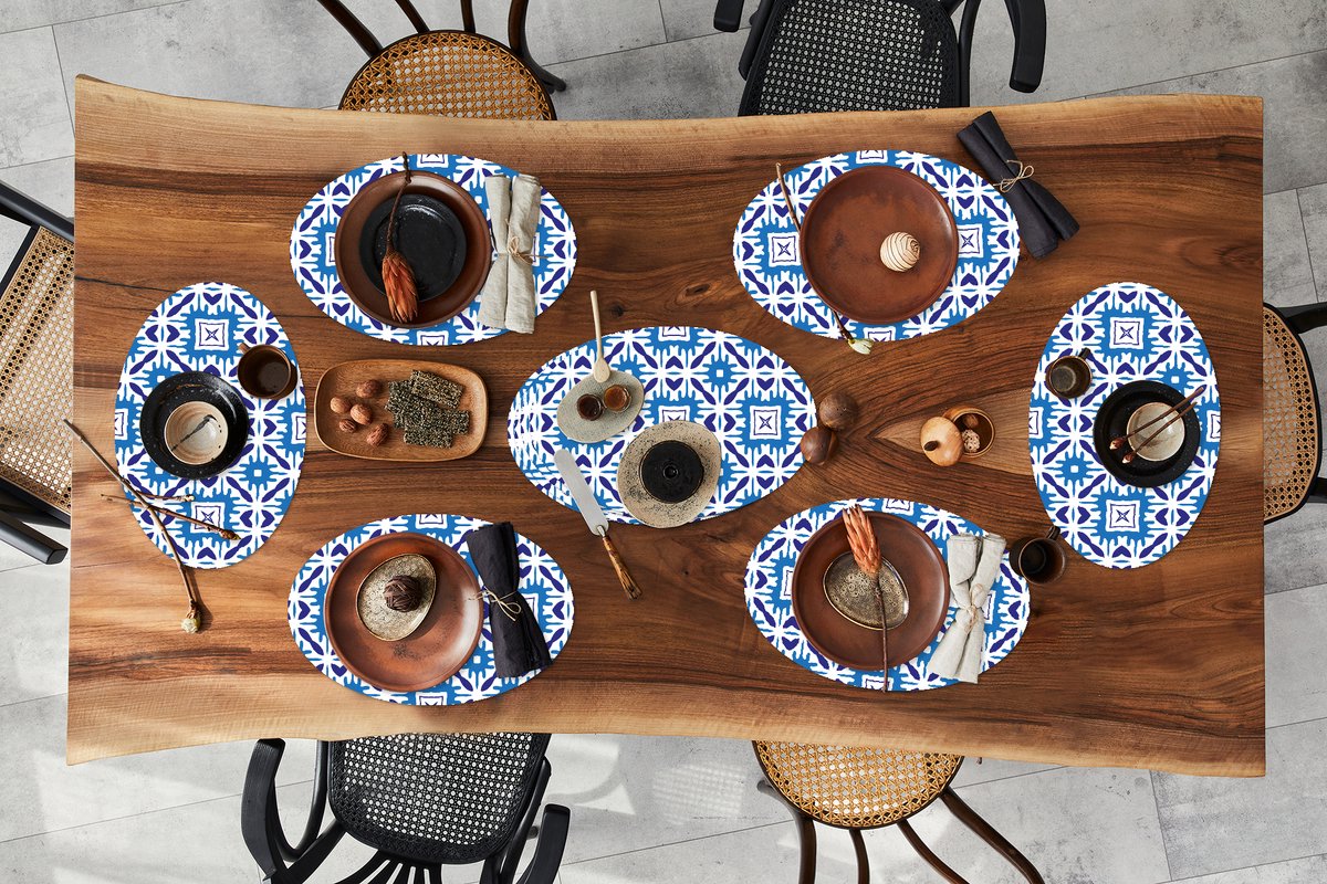 Placemats ovaal - Onderleggers - Ovale placemats - Vector - Blauw - Tegels - Patronen - 10 stuks