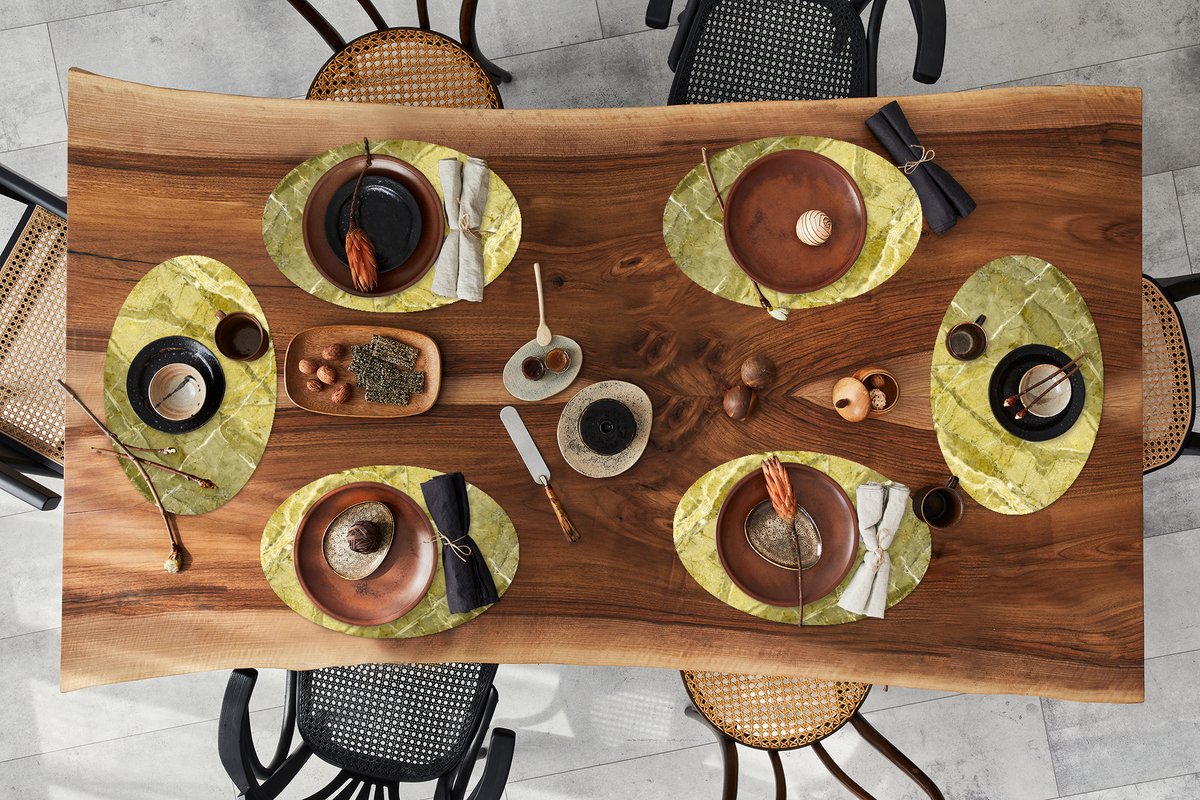 Placemats ovaal - Onderleggers - Ovale placemats - Geel - Wit - Keien - Graniet print - 6 stuks