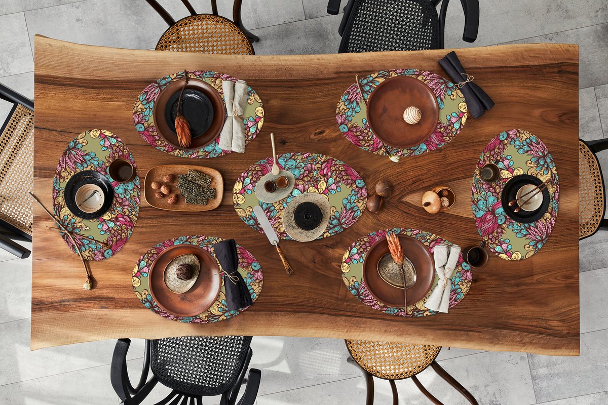 Placemats ovaal - Onderleggers - Ovale placemats - Patroon - Bladeren - Abstract - 8 stuks