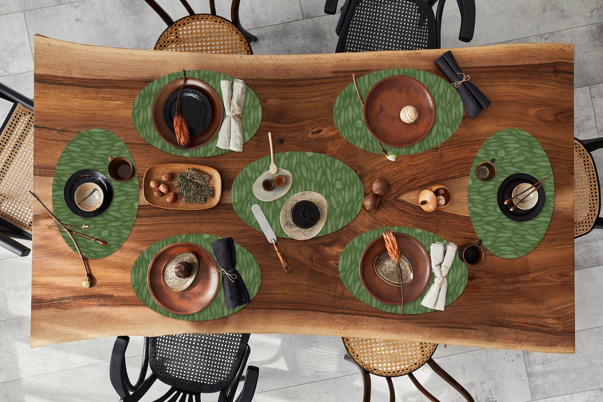 Placemats ovaal - Onderleggers - Ovale placemats - Patroon - Bladeren - Groen - 8 stuks